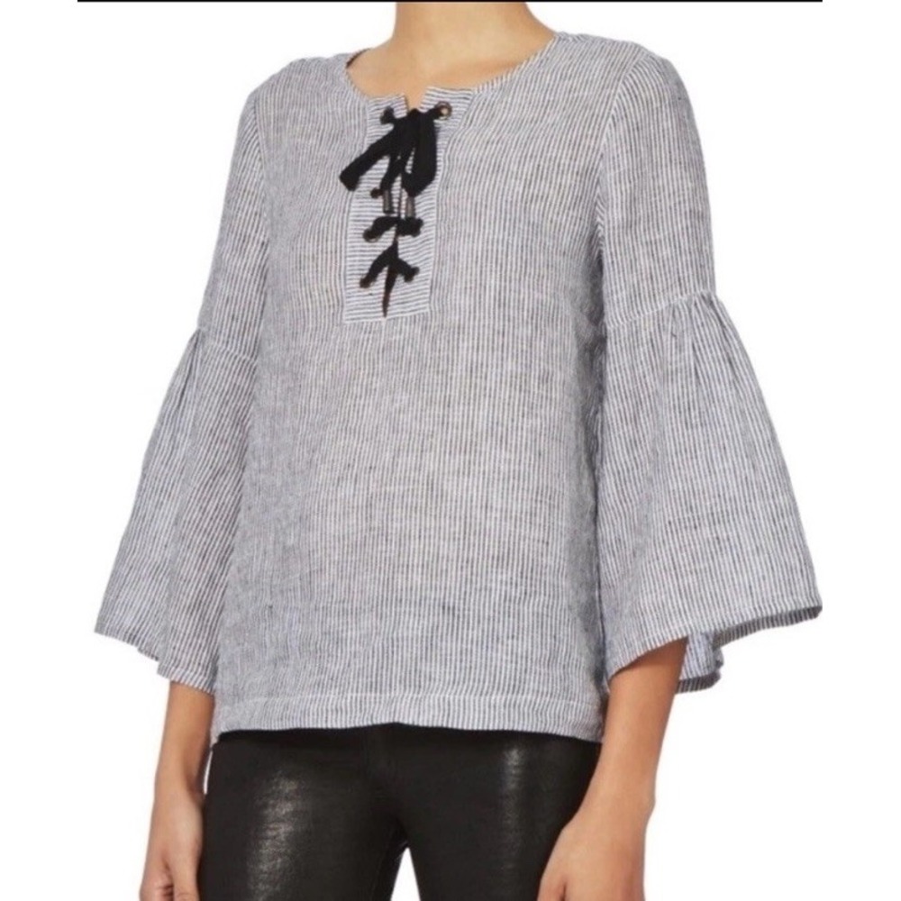 St. Roche Lula Striped‎ Bell Sleeve Lace Up Top Blouse Black White Linen Small